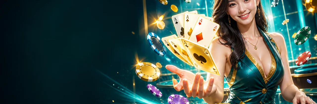 Sảnh game bài nhiều màu sắc với lá bài và chip phát sáng